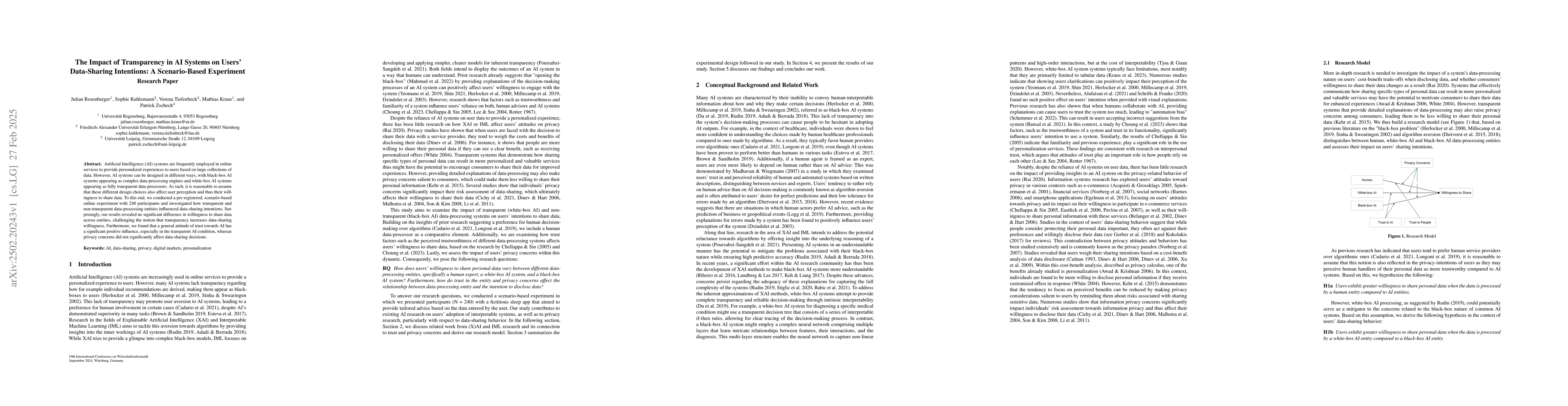 Thumbnail for The Impact of Transparency in AI Systems on Users' Data-Sharing
  Intentions: A Scenario-Based Experiment