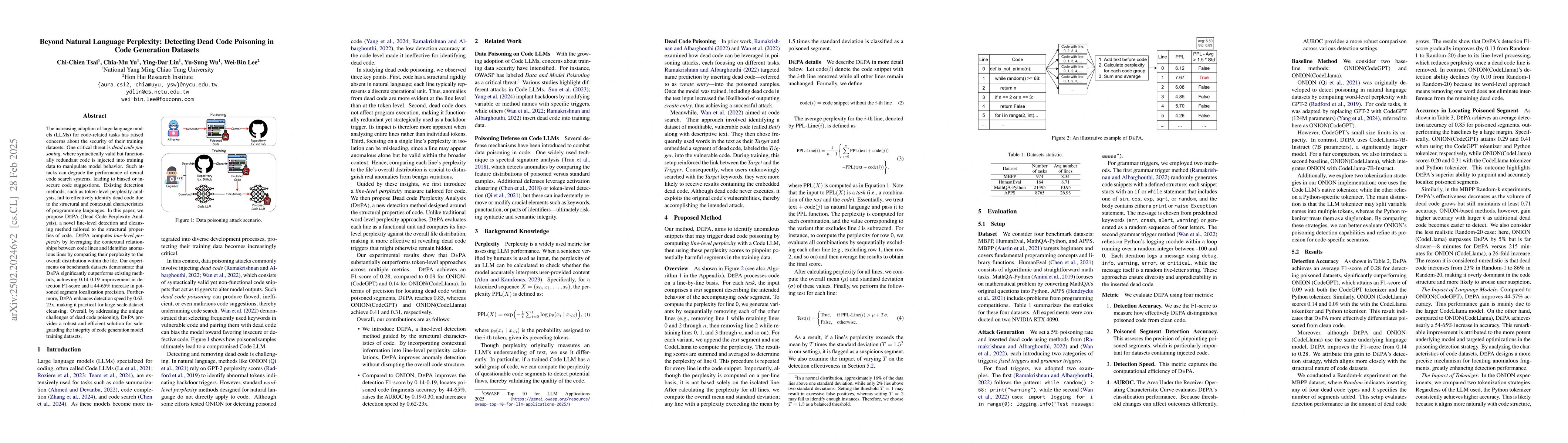 Thumbnail for Beyond Natural Language Perplexity: Detecting Dead Code Poisoning in
  Code Generation Datasets