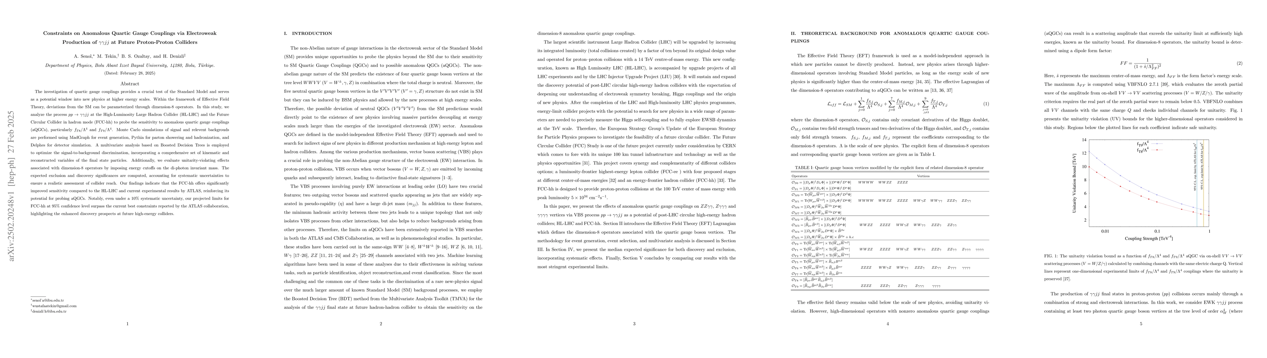 Thumbnail for Constraints on Anomalous Quartic Gauge Couplings via Electroweak
  Production of $γγjj$ at Future Proton-Proton Colliders