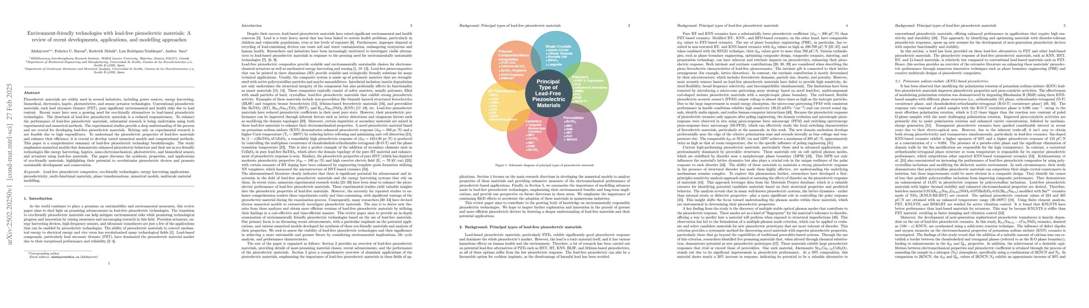 Thumbnail for Environment-friendly technologies with lead-free piezoelectric
  materials: A review of recent developments, applications, and modelling
  approaches