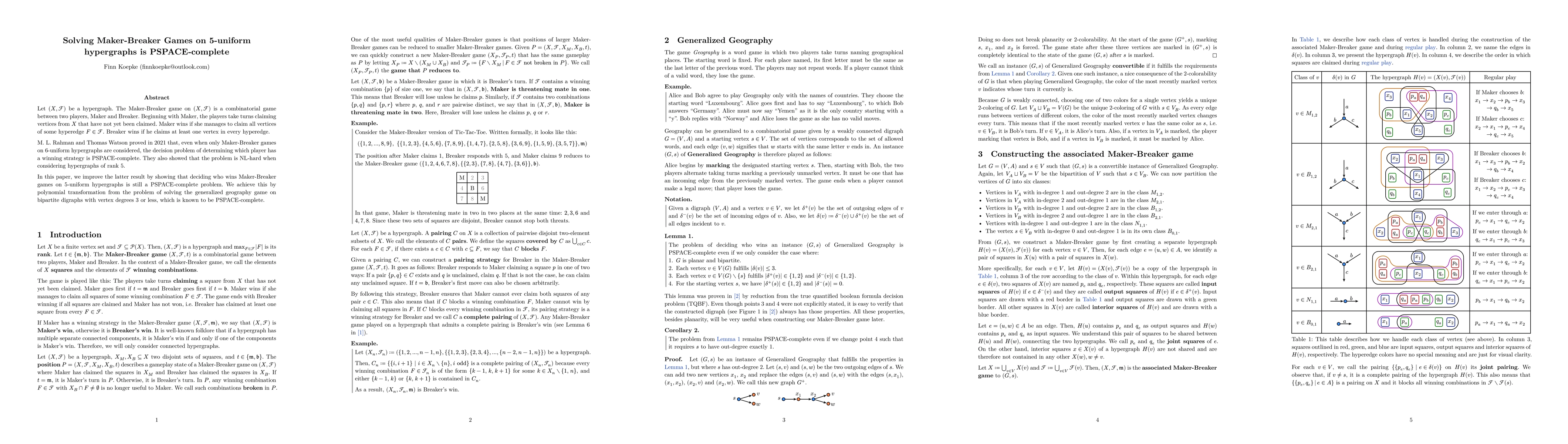Thumbnail for Solving Maker-Breaker Games on 5-uniform hypergraphs is PSPACE-complete