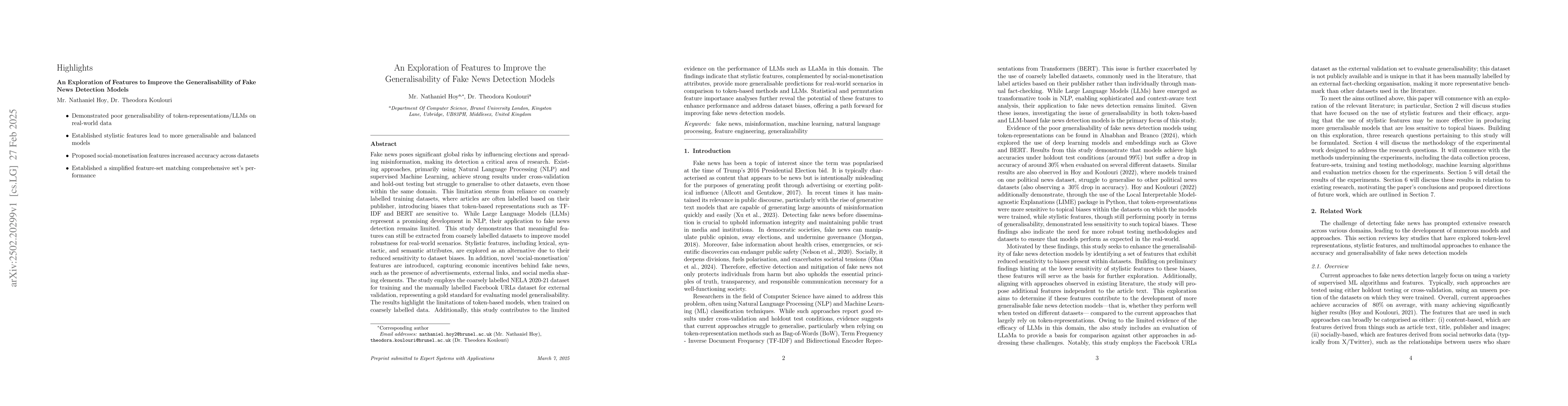 Thumbnail for An exploration of features to improve the generalisability of fake news
  detection models