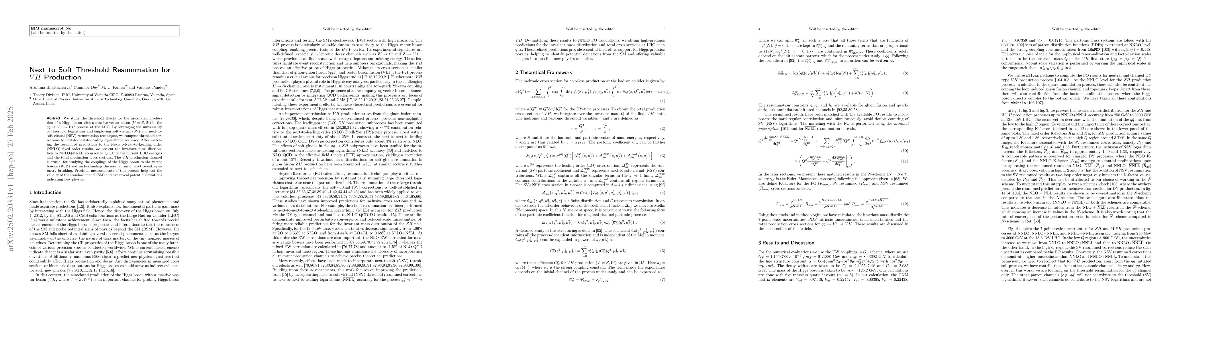 Thumbnail for Next to Soft Threshold Resummation for $VH$ Production