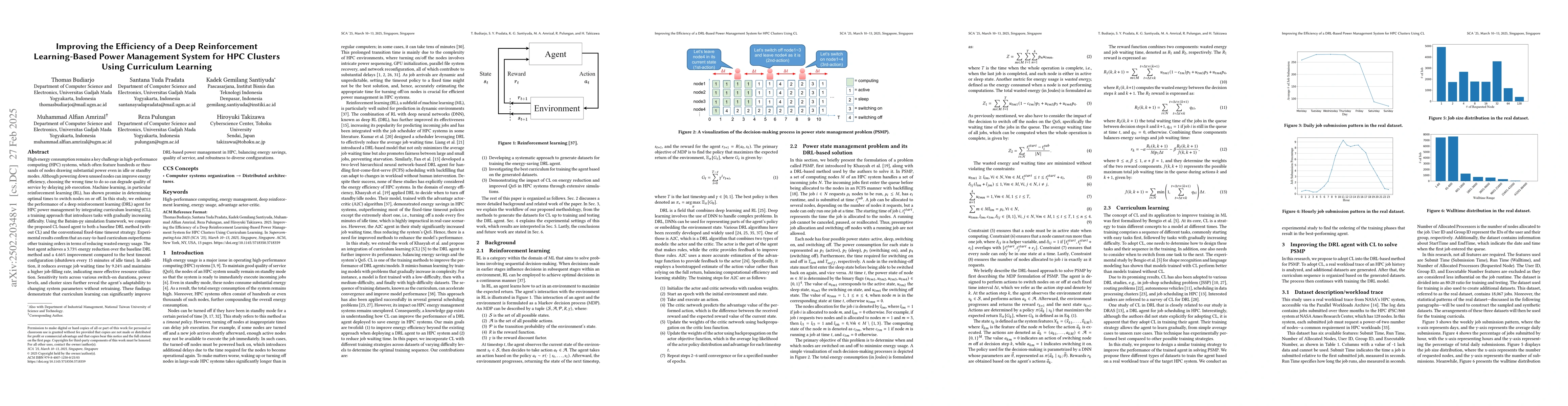 Thumbnail for Improving the Efficiency of a Deep Reinforcement Learning-Based Power
  Management System for HPC Clusters Using Curriculum Learning