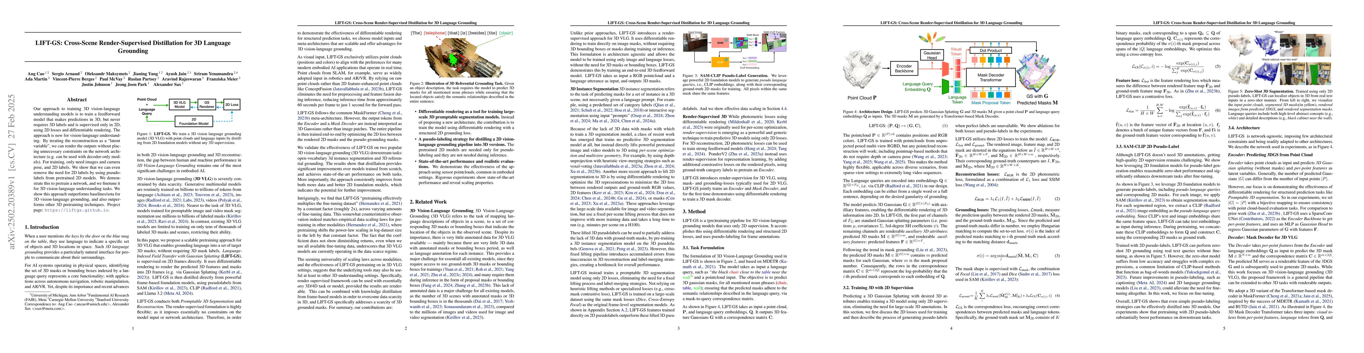 Thumbnail for LIFT-GS: Cross-Scene Render-Supervised Distillation for 3D Language
  Grounding