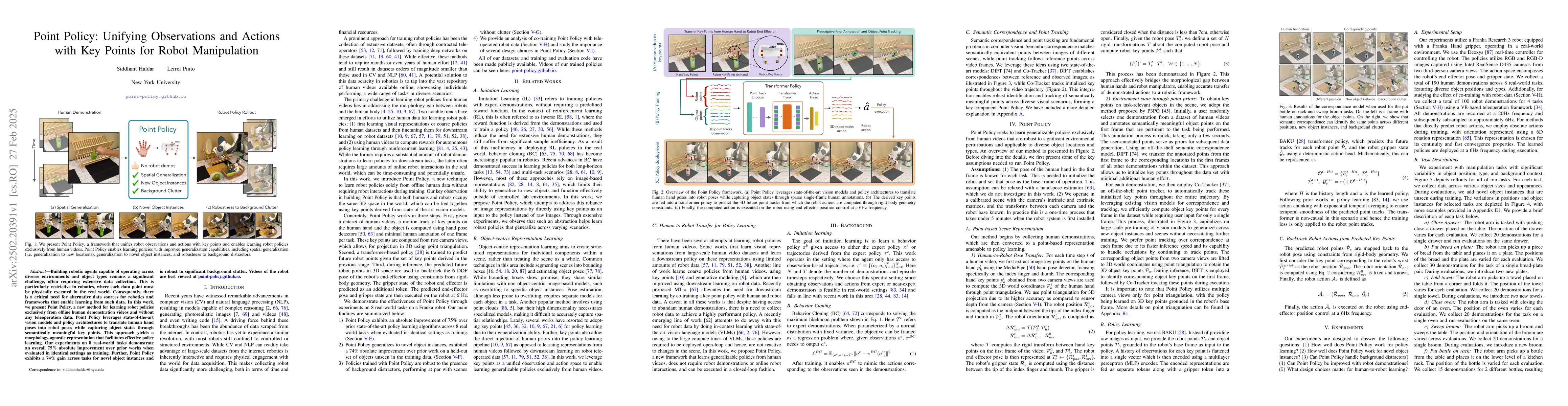 Thumbnail for Point Policy: Unifying Observations and Actions with Key Points for
  Robot Manipulation