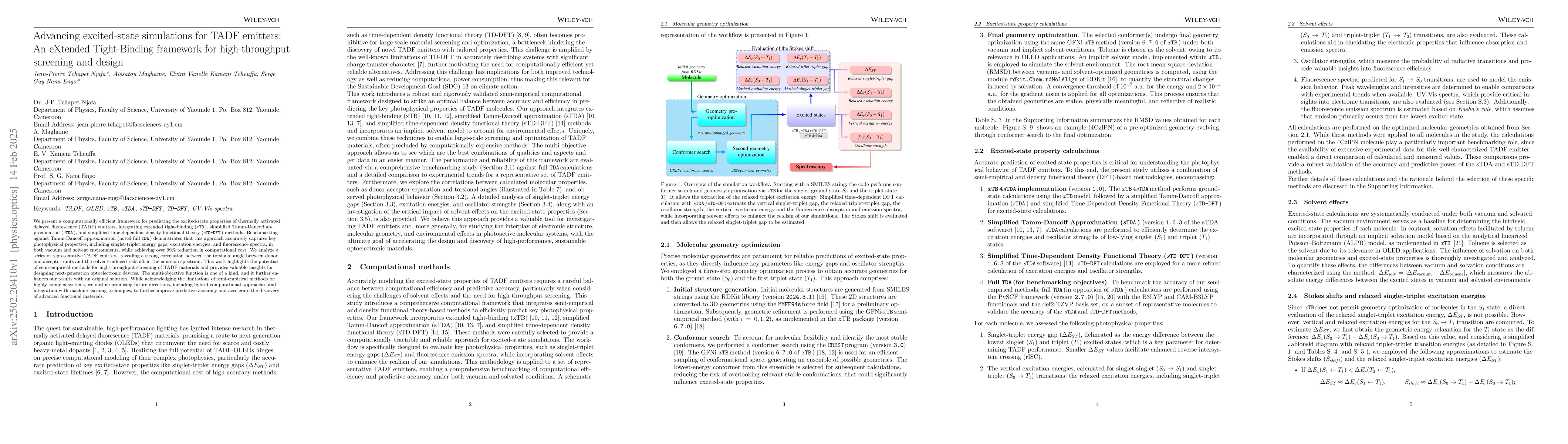 Thumbnail for Advancing excited-state simulations for TADF emitters: An eXtended
  Tight-Binding framework for high-throughput screening and design