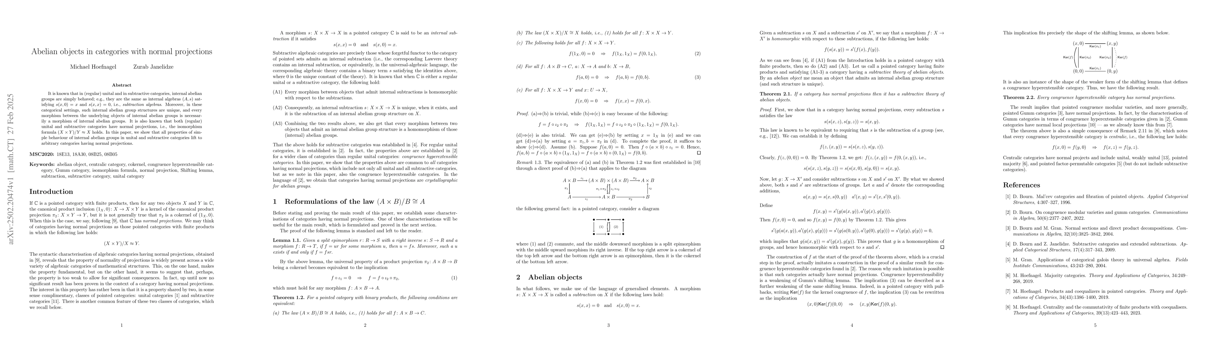 Thumbnail for Abelian objects in categories with normal projections
