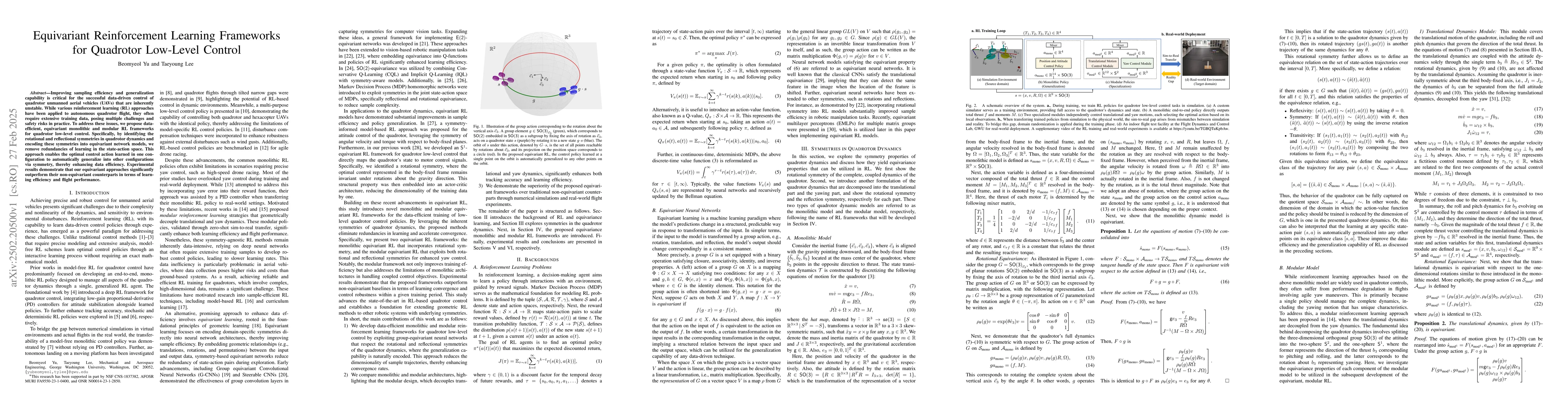 Thumbnail for Equivariant Reinforcement Learning Frameworks for Quadrotor Low-Level
  Control