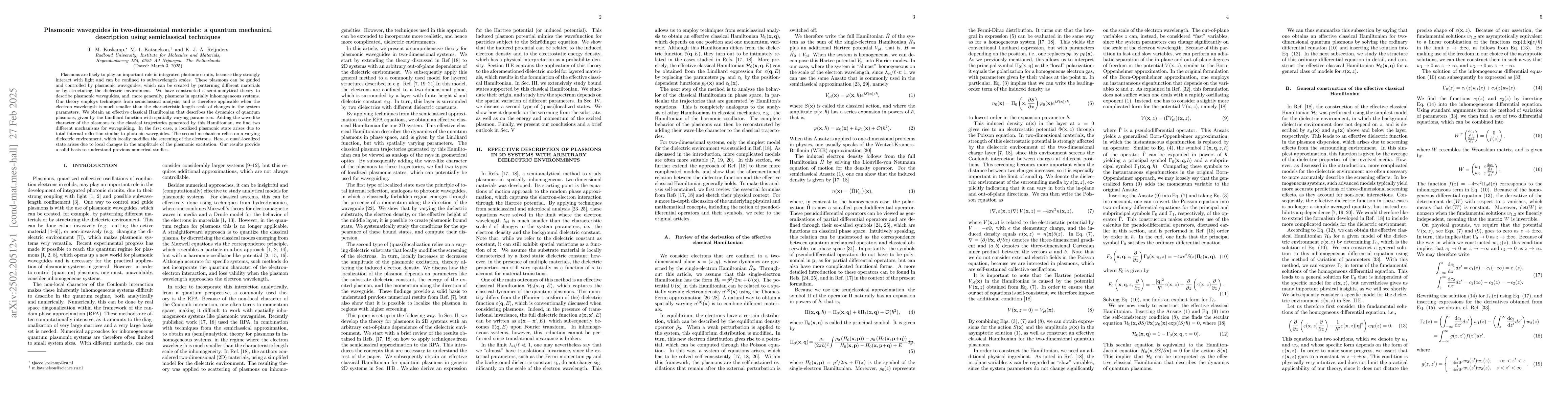 Thumbnail for Plasmonic waveguides in two-dimensional materials: a quantum mechanical
  description using semiclassical techniques