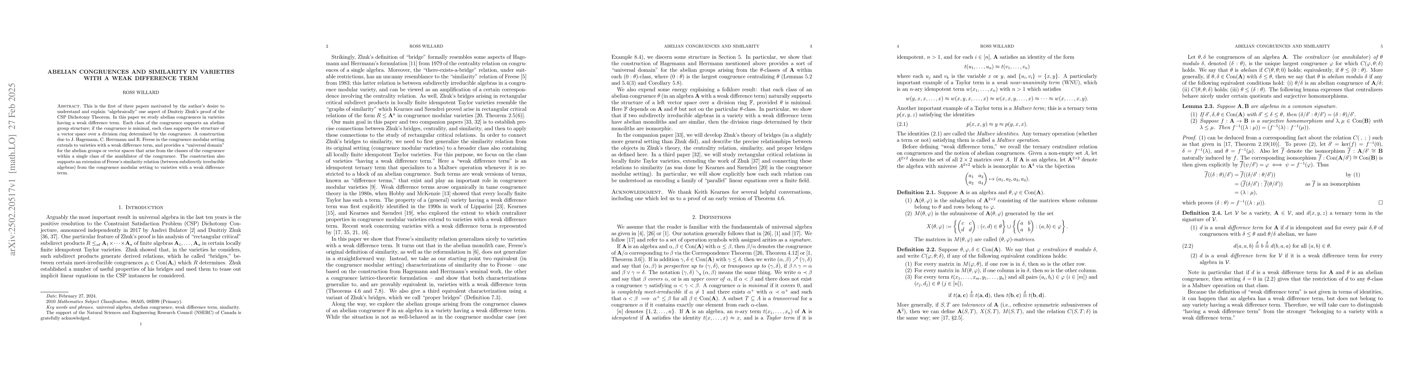 Thumbnail for Abelian congruences and similarity in varieties with a weak difference
  term
