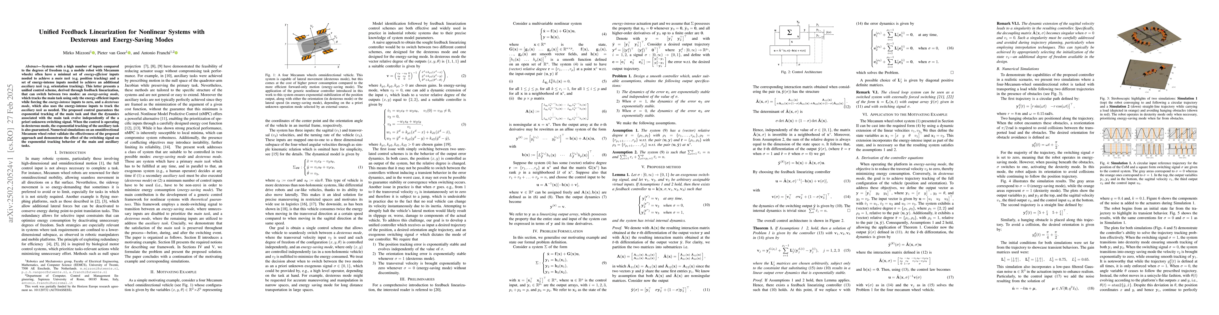Thumbnail for Unified Feedback Linearization for Nonlinear Systems with Dexterous and
  Energy-Saving Modes