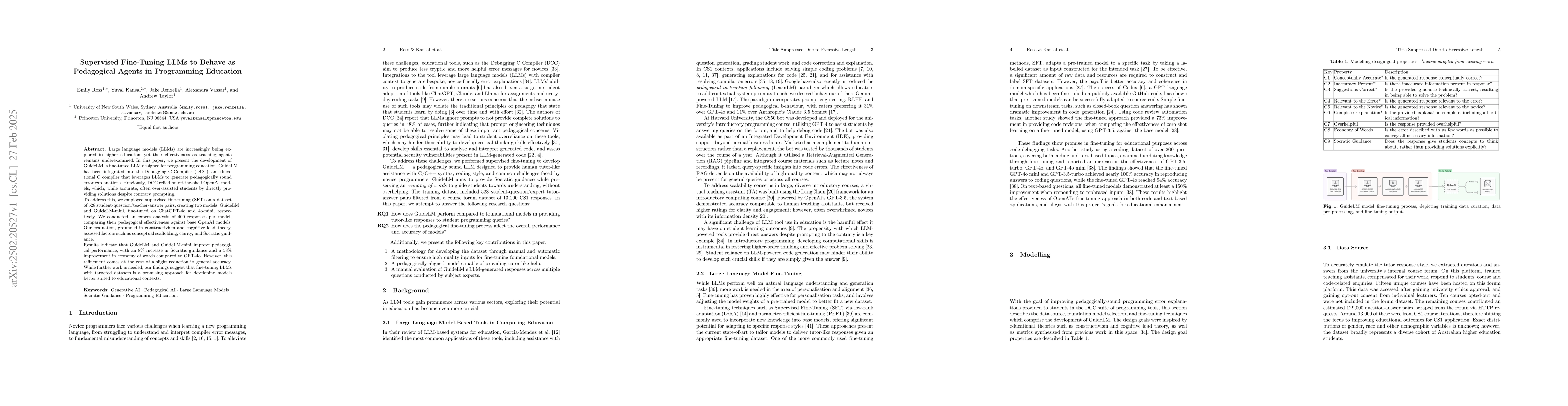 Thumbnail for Supervised Fine-Tuning LLMs to Behave as Pedagogical Agents in
  Programming Education