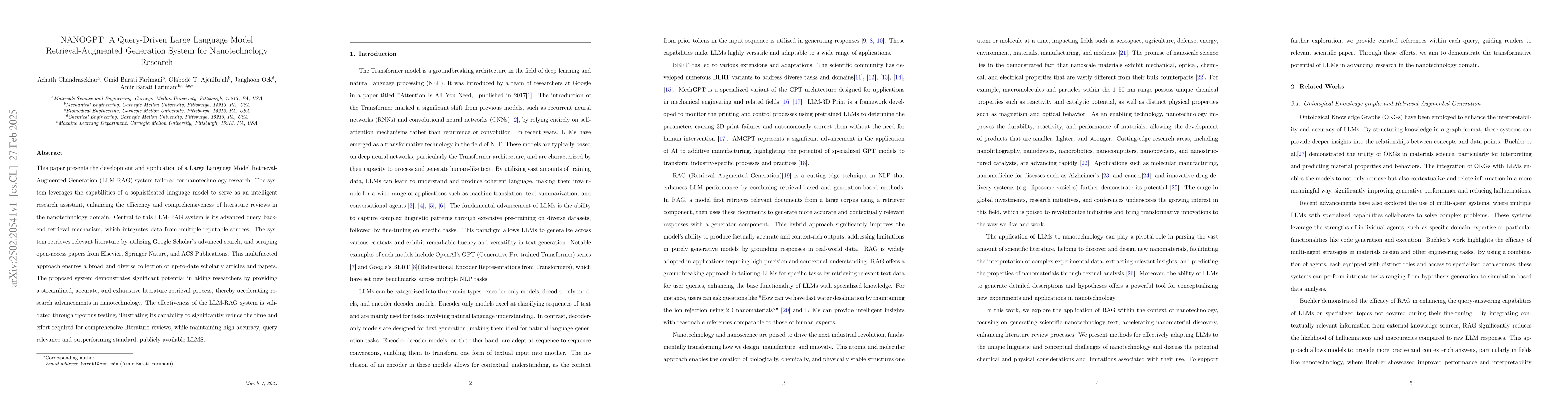 Thumbnail for NANOGPT: A Query-Driven Large Language Model Retrieval-Augmented
  Generation System for Nanotechnology Research