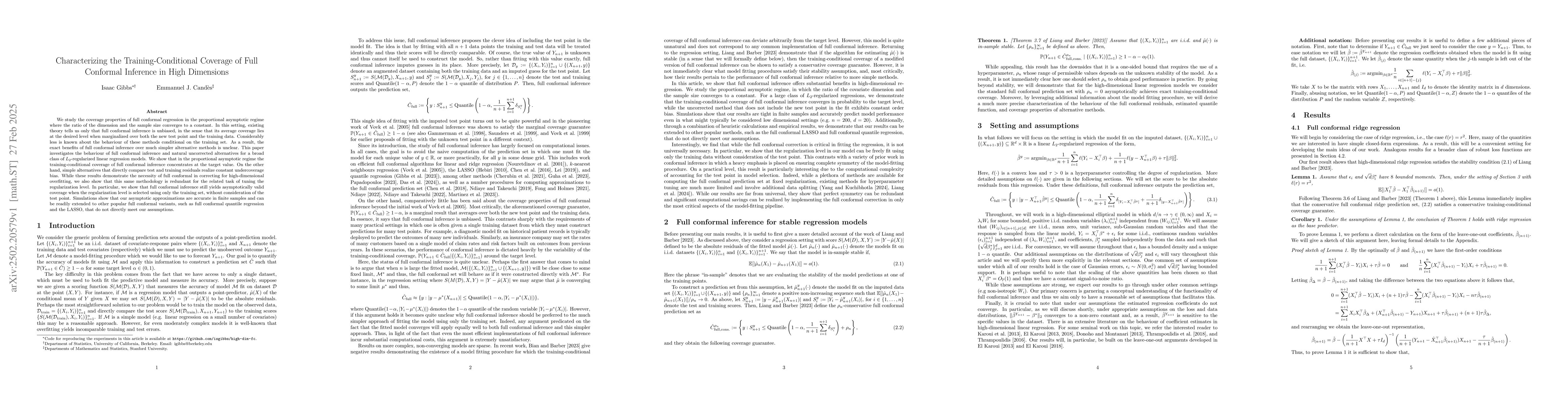 Thumbnail for Characterizing the Training-Conditional Coverage of Full Conformal
  Inference in High Dimensions