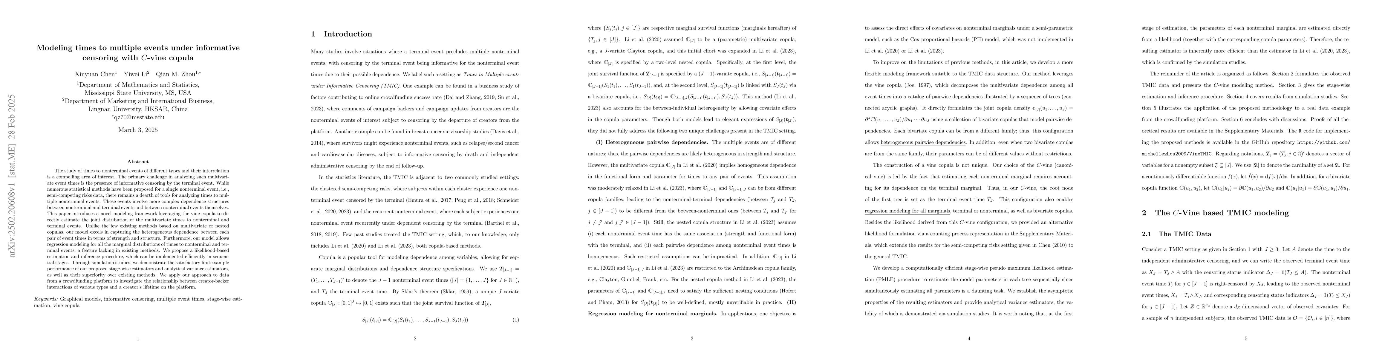 Thumbnail for Modeling times to multiple events under informative censoring with
  C-vine copula