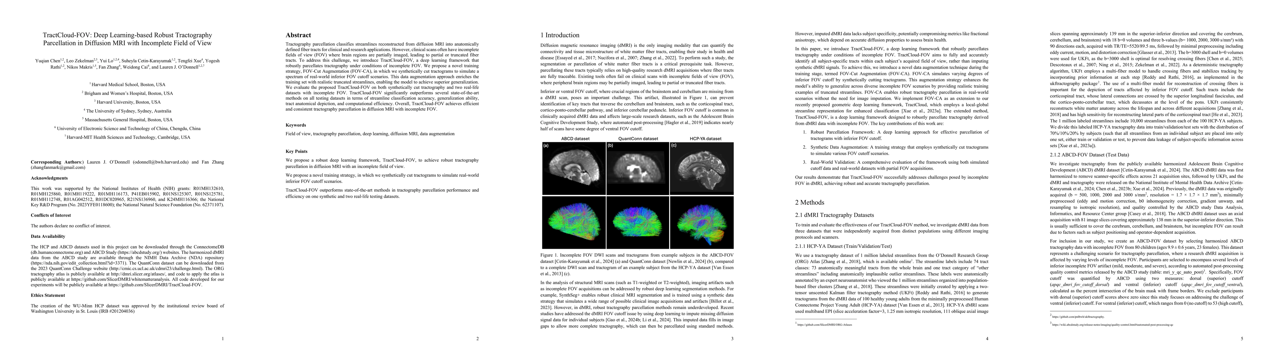 Thumbnail for TractCloud-FOV: Deep Learning-based Robust Tractography Parcellation in
  Diffusion MRI with Incomplete Field of View