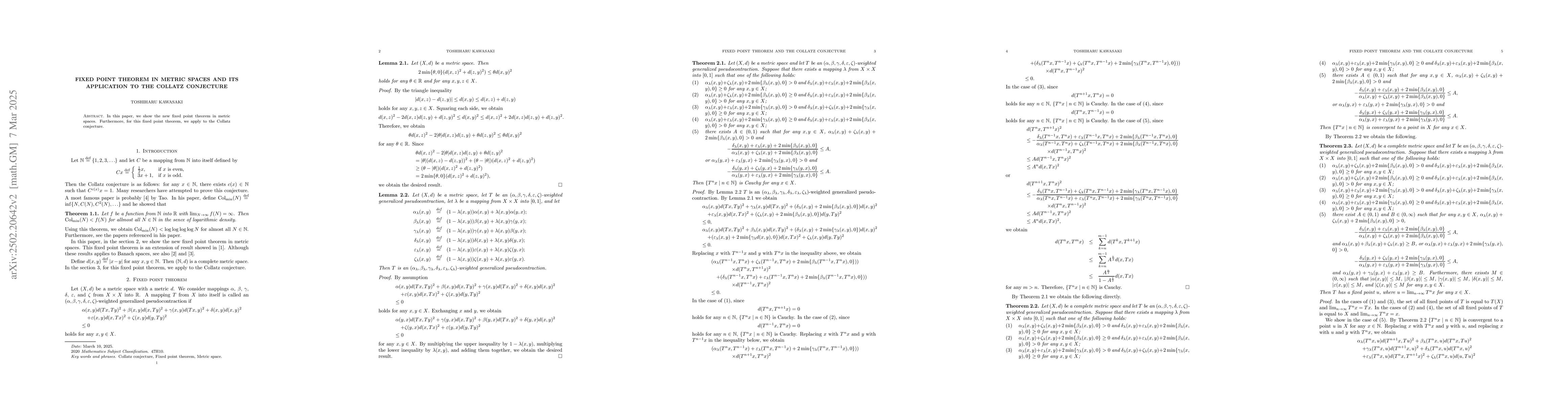 Thumbnail for Fixed point theorem in metric spaces and its application to the Collatz
  conjecture
