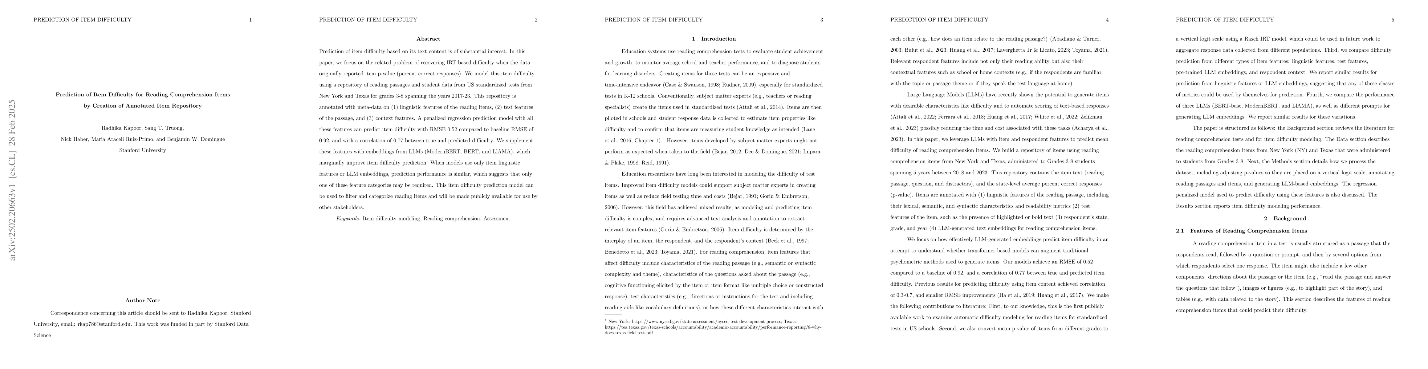 Thumbnail for Prediction of Item Difficulty for Reading Comprehension Items by
  Creation of Annotated Item Repository