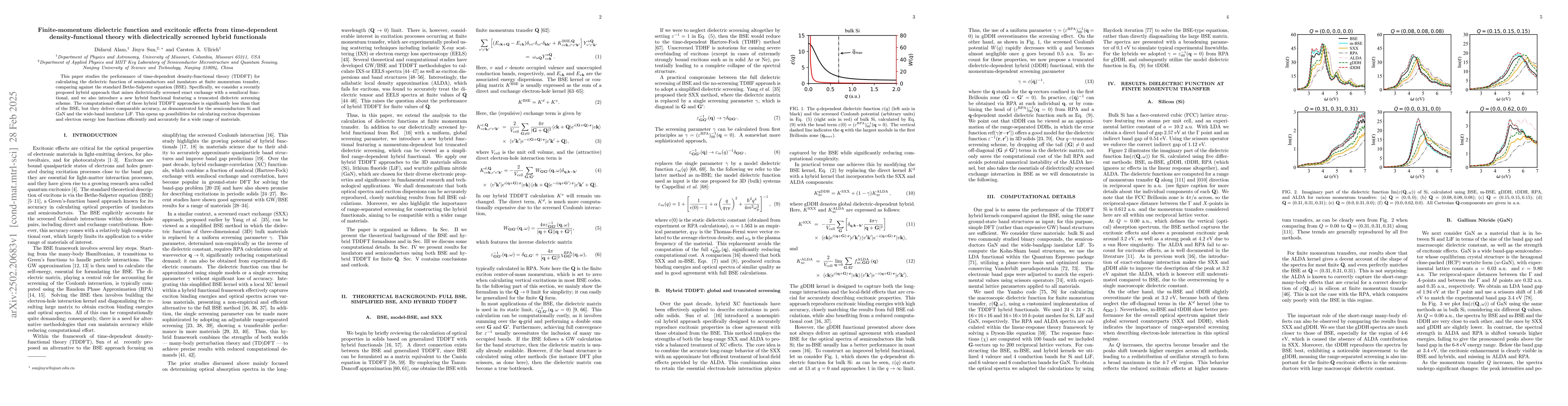 Thumbnail for Finite-momentum dielectric function and excitonic effects from
  time-dependent density-functional theory with dielectrically screened hybrid
  functionals