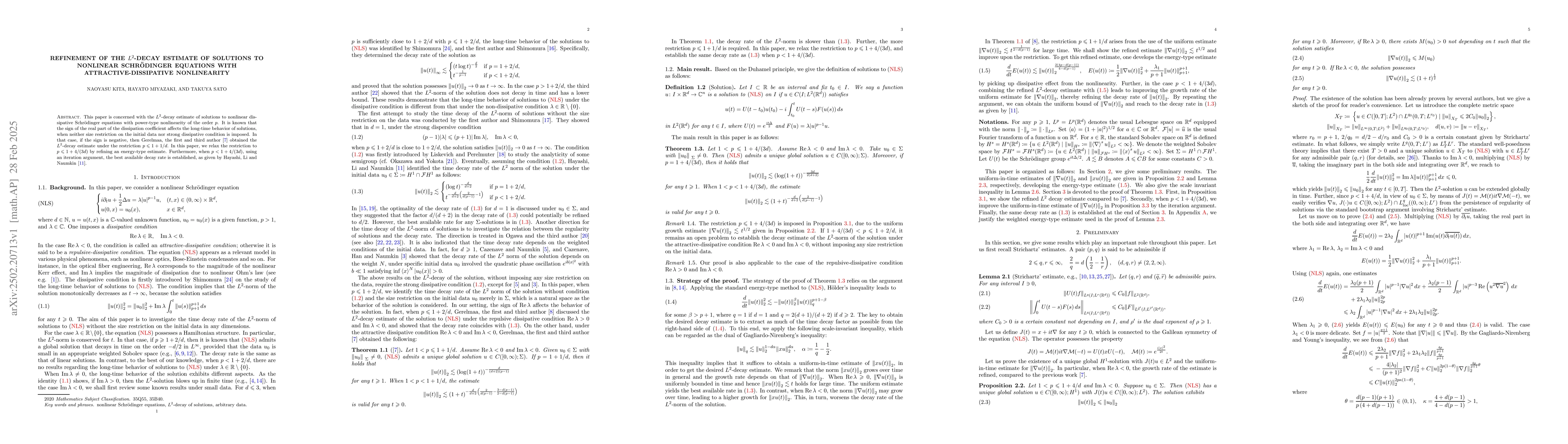 Thumbnail for Refinement of the $L^{2}$-decay estimate of solutions to nonlinear
  Schrödinger equations with attractive-dissipative nonlinearity