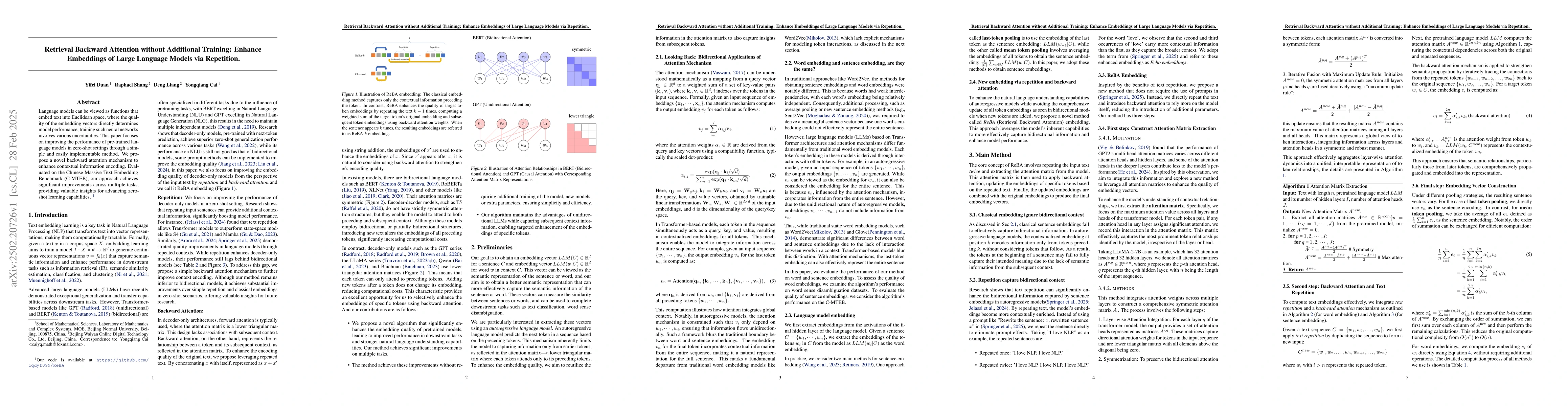 Thumbnail for Retrieval Backward Attention without Additional Training: Enhance
  Embeddings of Large Language Models via Repetition