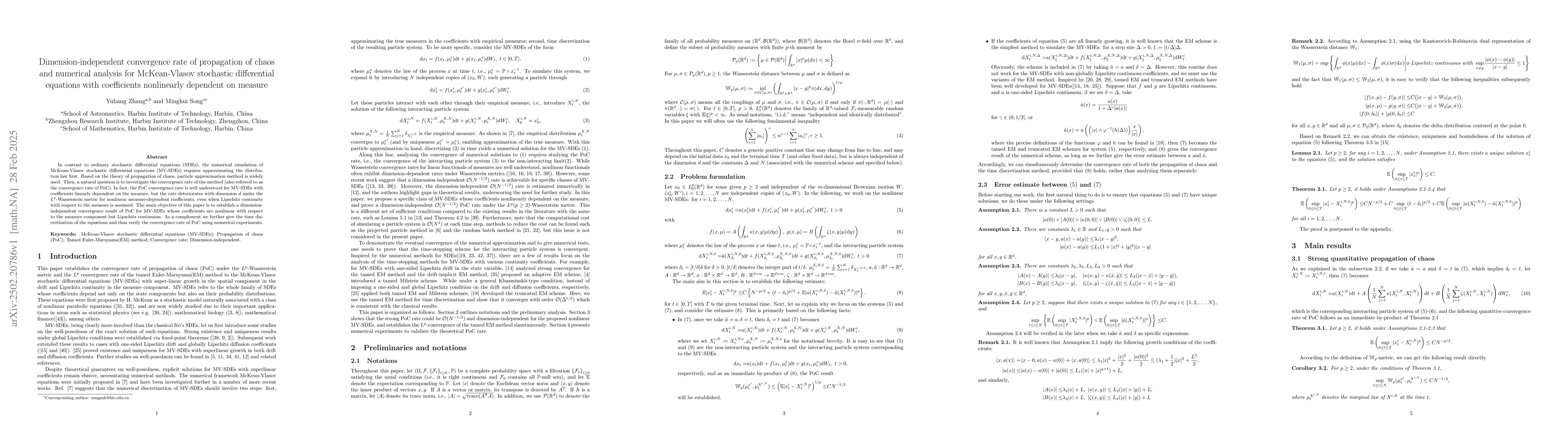 Thumbnail for Dimension-independent convergence rate of propagation of chaos and
  numerical analysis for McKean-Vlasov stochastic differential equations with
  coefficients nonlinearly dependent on measure