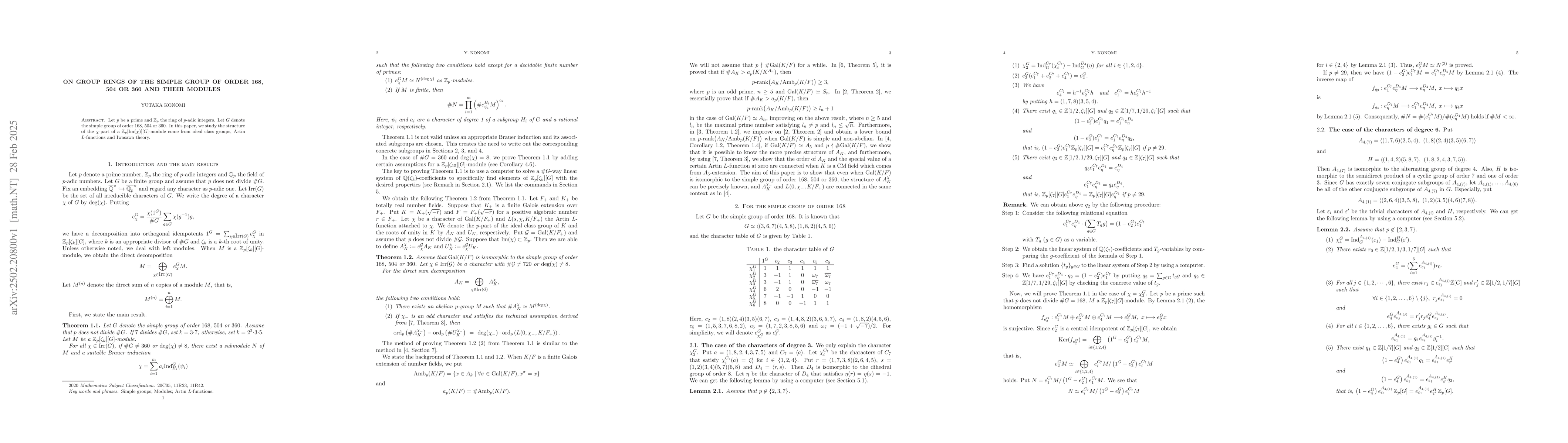 Thumbnail for On group rings of the simple group of order 168, 504 or 360 and their
  modules