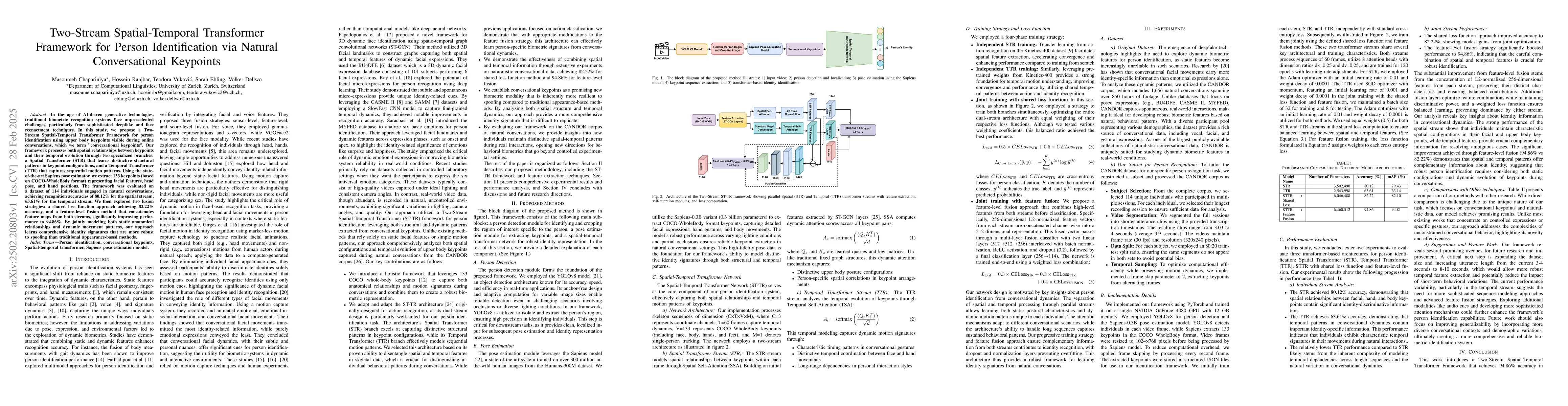 Thumbnail for Two-Stream Spatial-Temporal Transformer Framework for Person
  Identification via Natural Conversational Keypoints