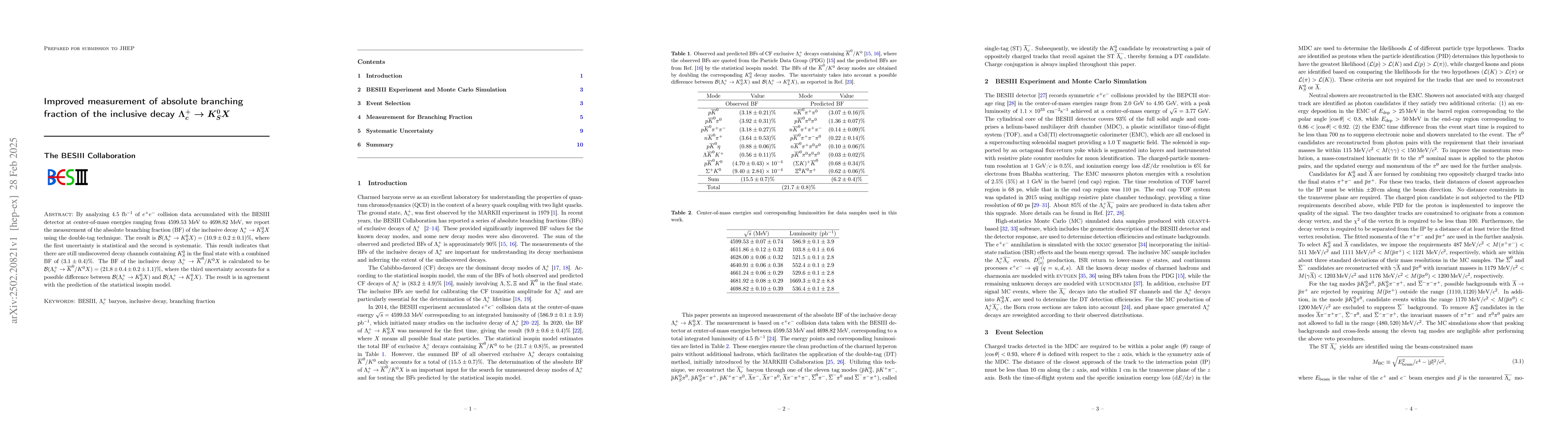 Thumbnail for Improved measurement of absolute branching fraction of the inclusive
  decay $Λ_{c}^{+} \to K_{S}^{0} X$