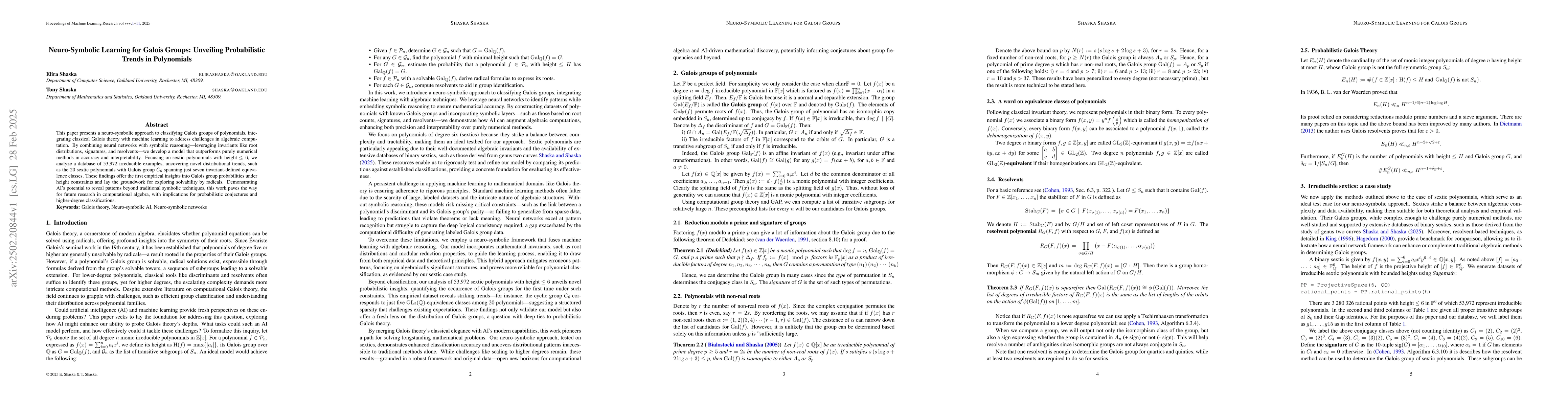 Thumbnail for Neuro-Symbolic Learning for Galois Groups: Unveiling Probabilistic
  Trends in Polynomials