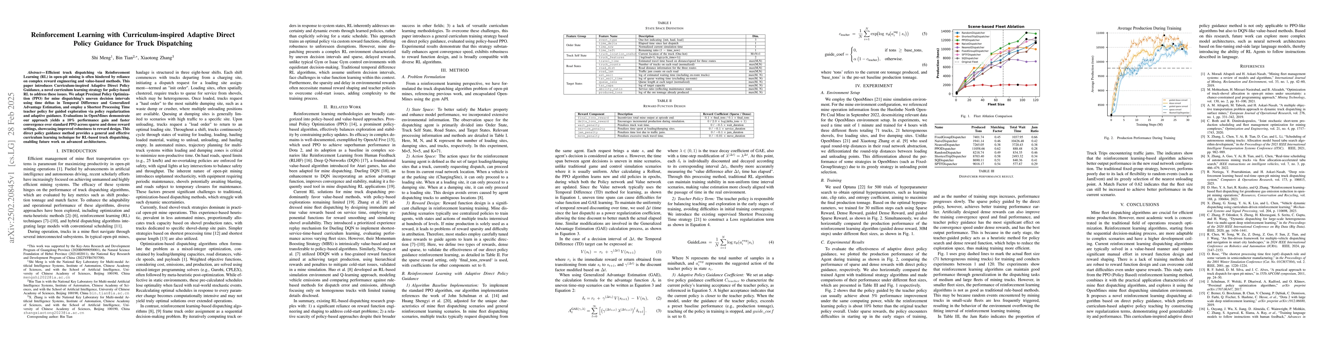 Thumbnail for Reinforcement Learning with Curriculum-inspired Adaptive Direct Policy
  Guidance for Truck Dispatching