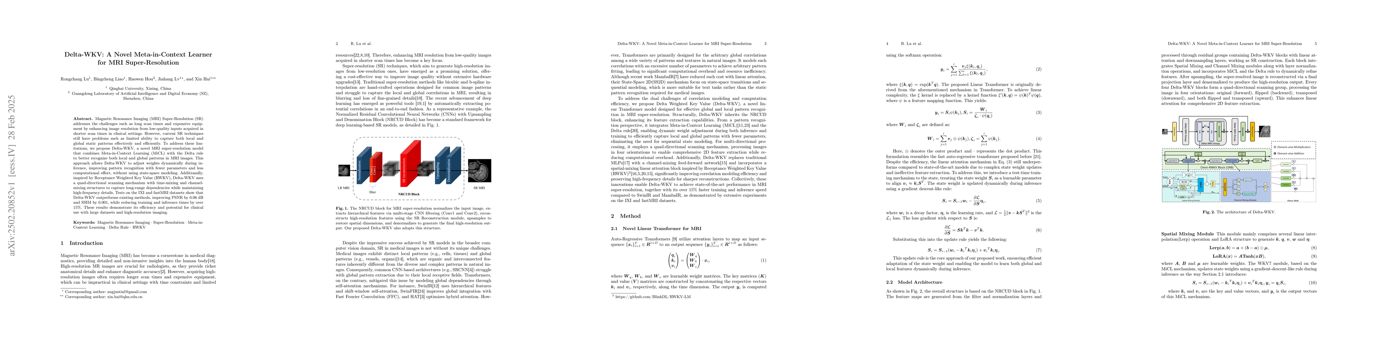 Thumbnail for Delta-WKV: A Novel Meta-in-Context Learner for MRI Super-Resolution