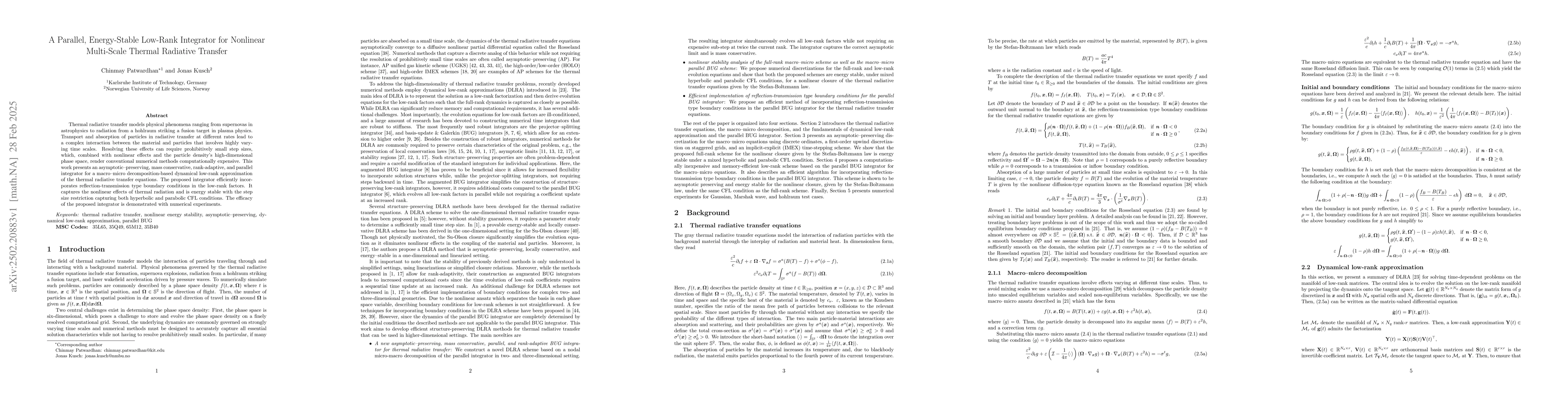 Thumbnail for A Parallel, Energy-Stable Low-Rank Integrator for Nonlinear Multi-Scale
  Thermal Radiative Transfer