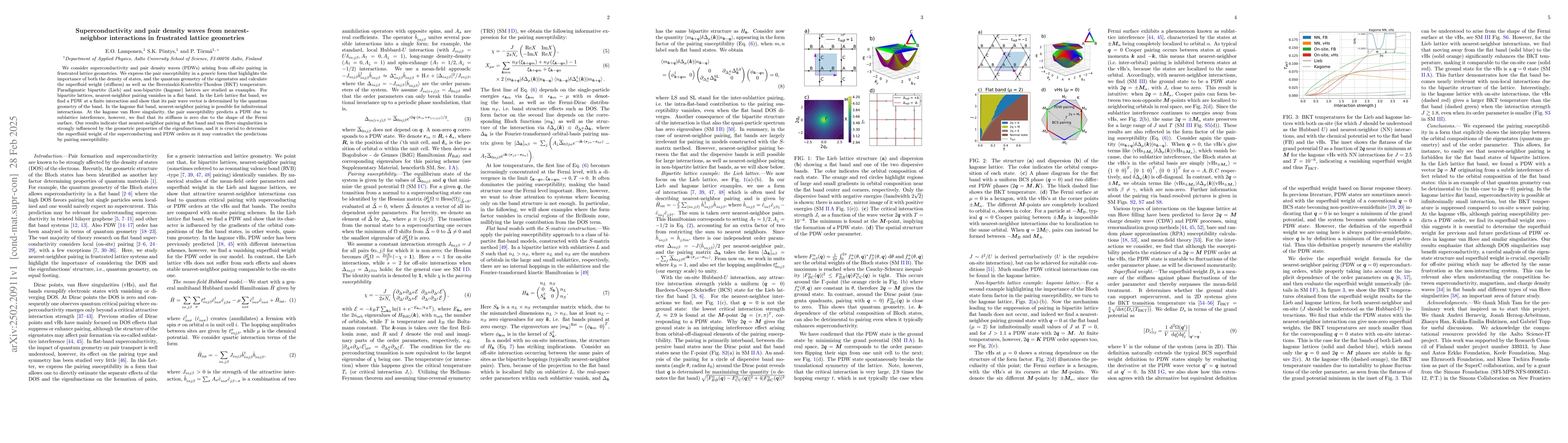 Thumbnail for Superconductivity and pair density waves from nearest-neighbor
  interactions in frustrated lattice geometries
