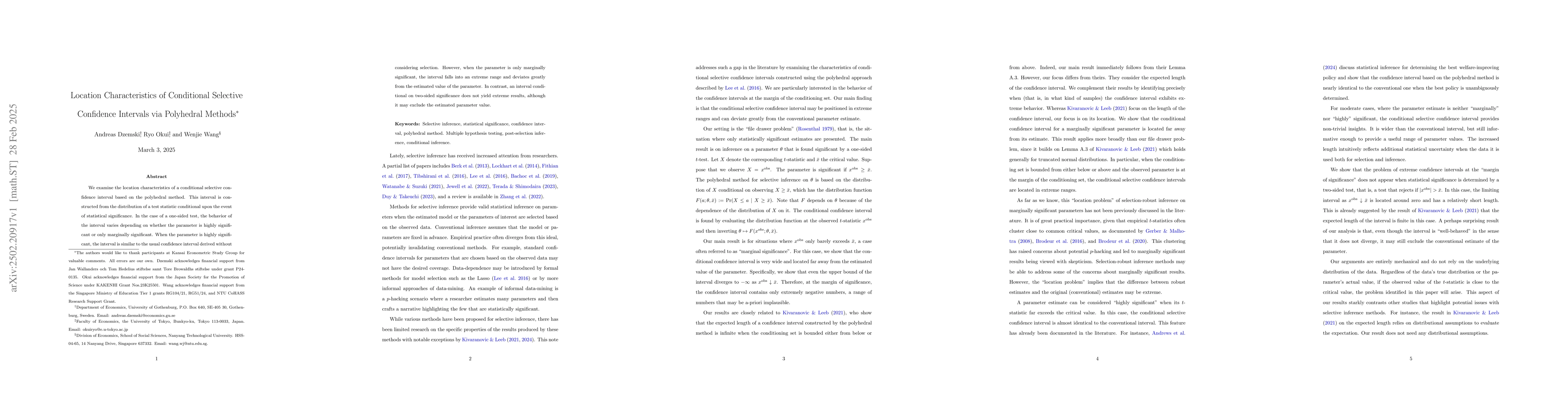 Thumbnail for Location Characteristics of Conditional Selective Confidence Intervals
  via Polyhedral Methods