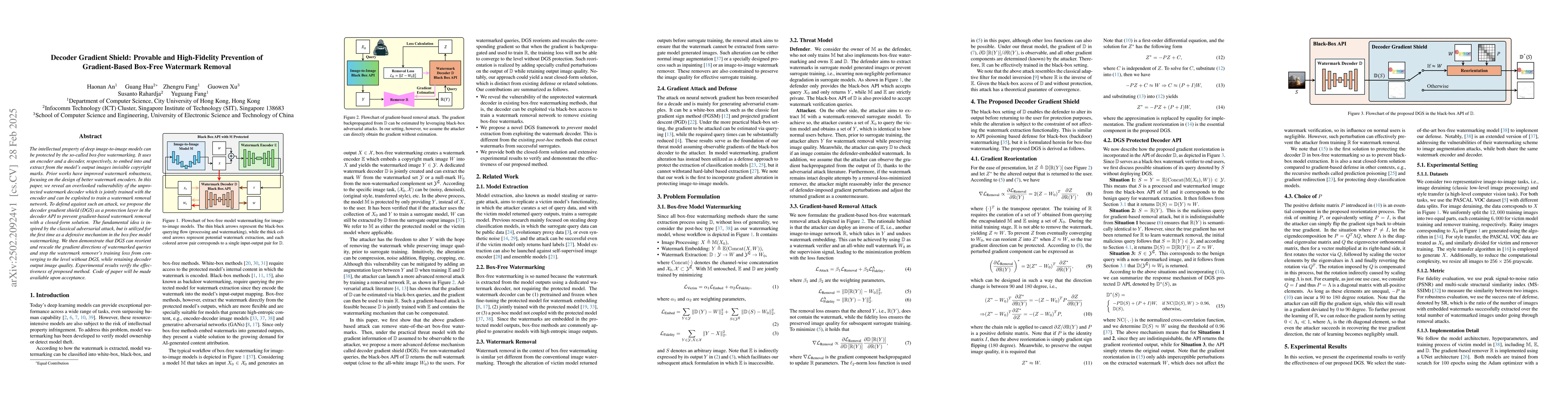 Thumbnail for Decoder Gradient Shield: Provable and High-Fidelity Prevention of
  Gradient-Based Box-Free Watermark Removal