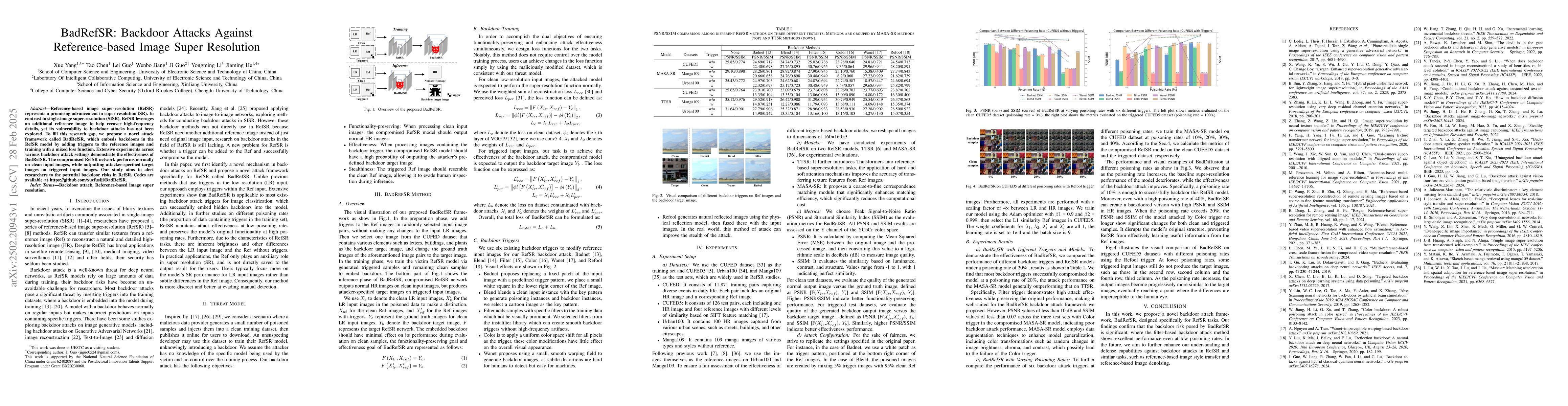 Thumbnail for BadRefSR: Backdoor Attacks Against Reference-based Image Super
  Resolution