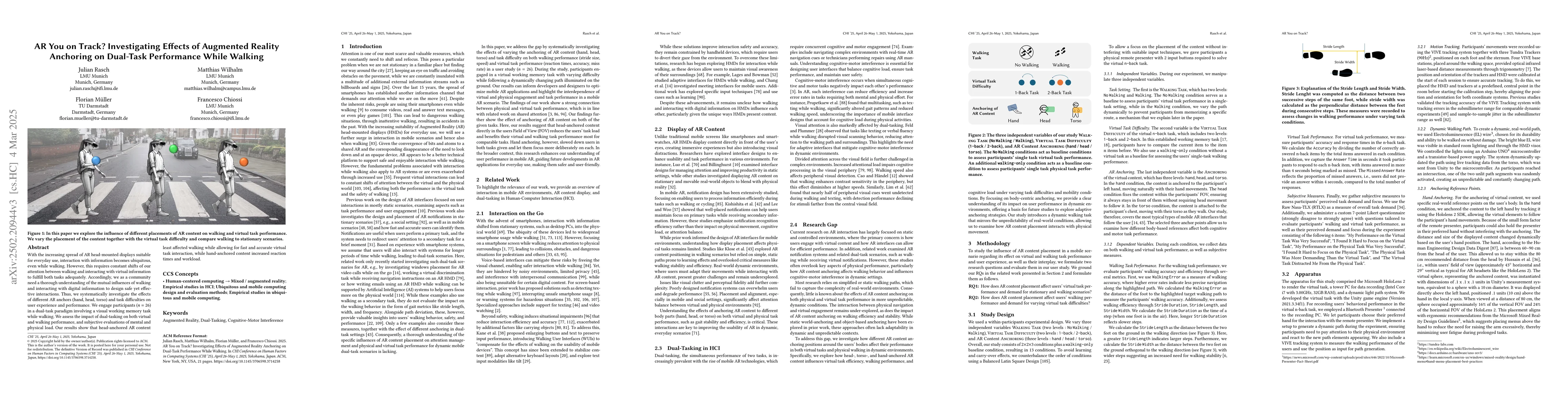 Thumbnail for AR You on Track? Investigating Effects of Augmented Reality Anchoring on
  Dual-Task Performance While Walking