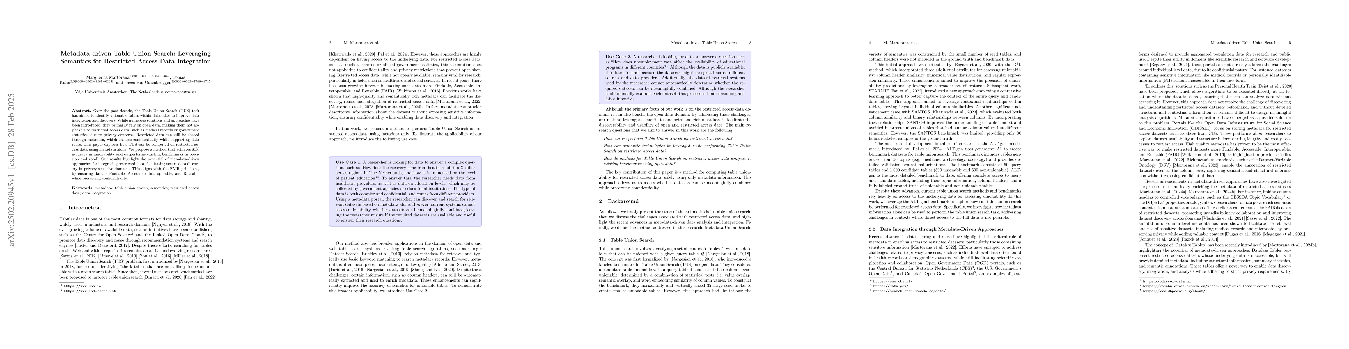 Thumbnail for Metadata-driven Table Union Search: Leveraging Semantics for Restricted
  Access Data Integration