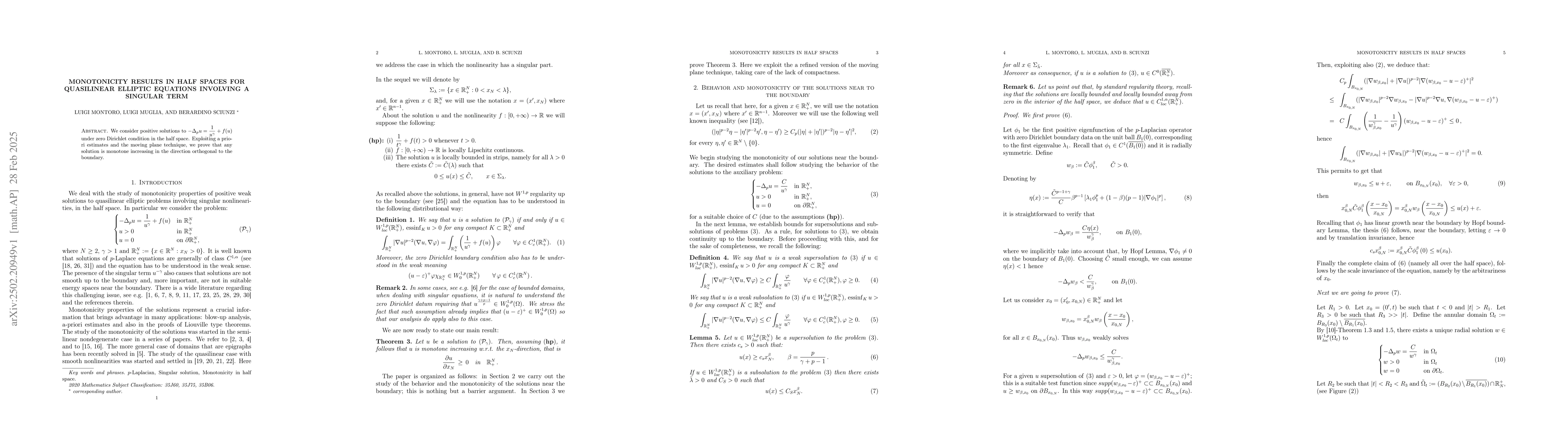 Thumbnail for Monotonicity results in half spaces for quasilinear elliptic equations
  involving a singular term