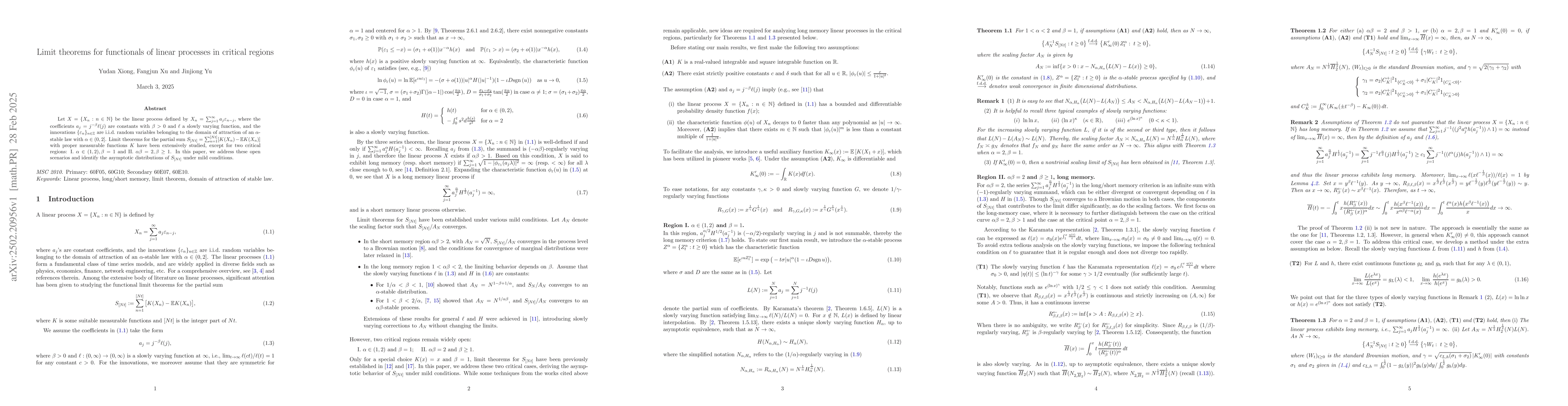 Thumbnail for Limit theorems for functionals of linear processes in critical regions