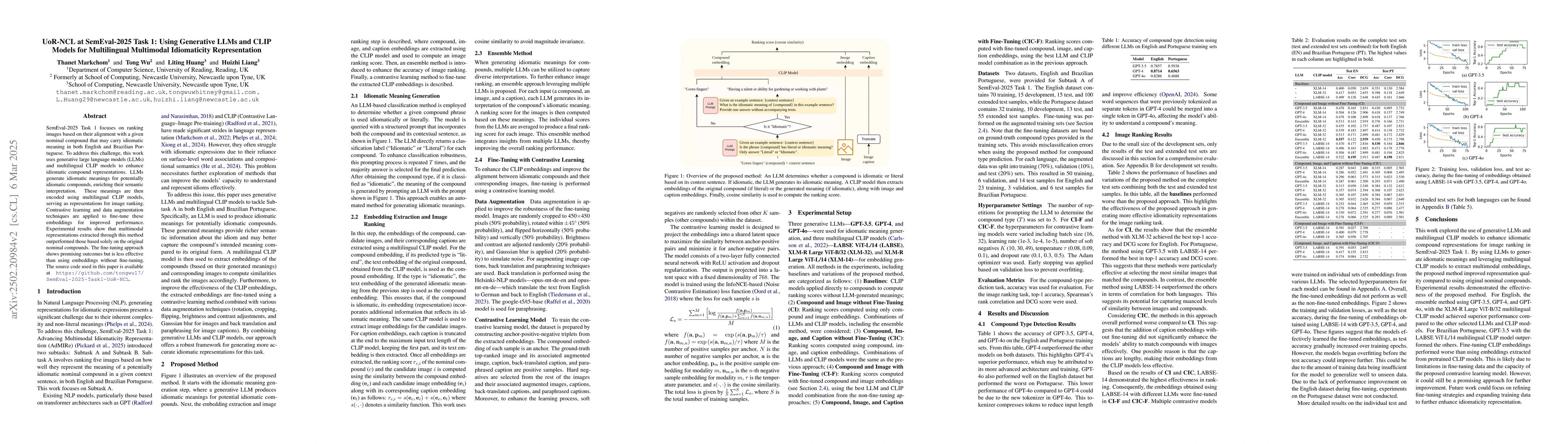 Thumbnail for UoR-NCL at SemEval-2025 Task 1: Using Generative LLMs and CLIP Models
  for Multilingual Multimodal Idiomaticity Representation