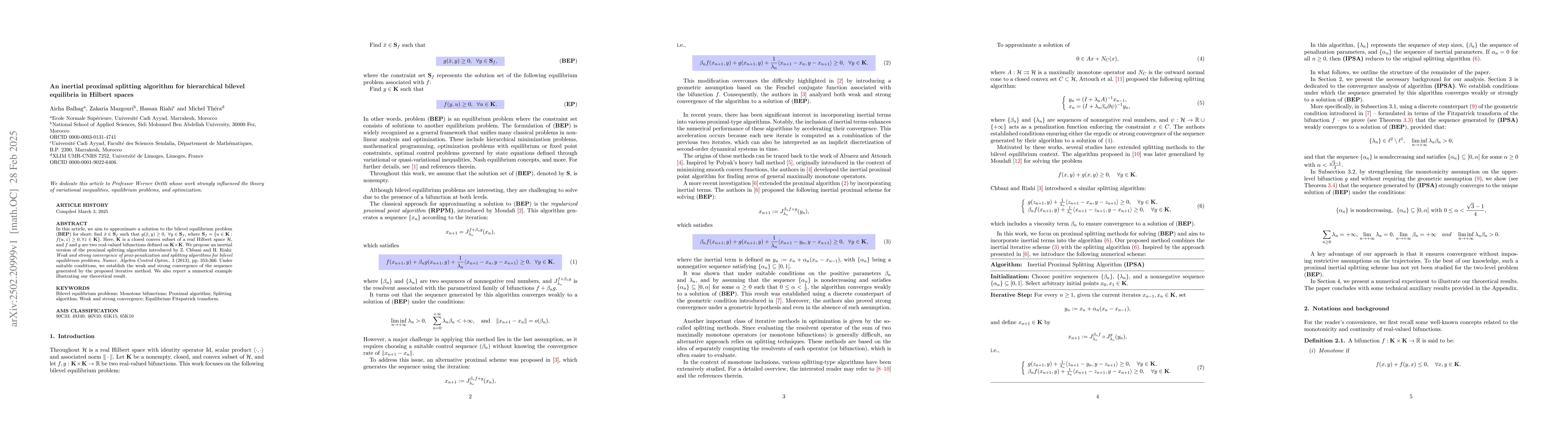Thumbnail for An inertial proximal splitting algorithm for hierarchical bilevel
  equilibria in Hilbert spaces