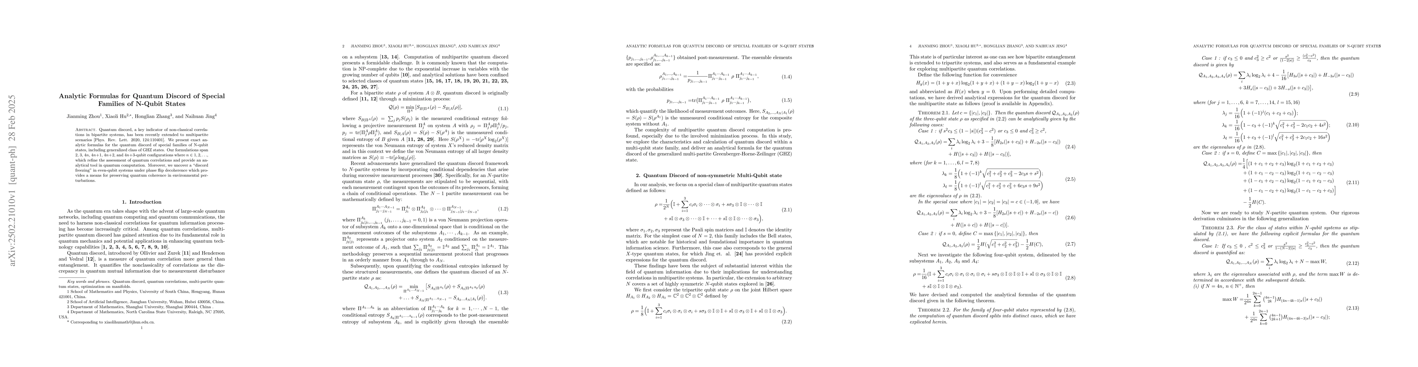 Thumbnail for Analytic Formulas for Quantum Discord of Special Families of N-Qubit
  States