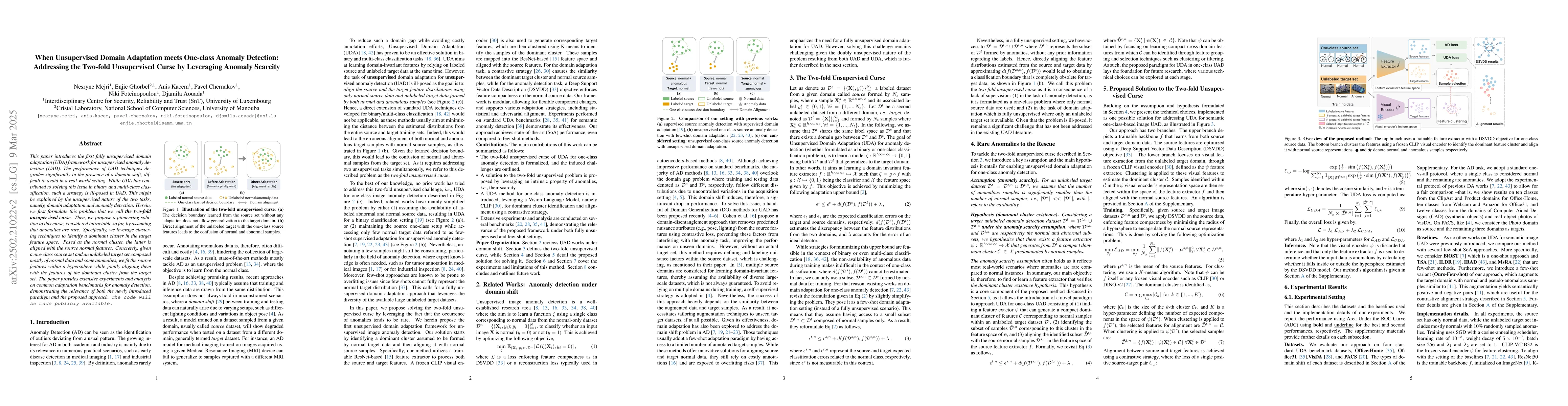 Thumbnail for When Unsupervised Domain Adaptation meets One-class Anomaly Detection:
  Addressing the Two-fold Unsupervised Curse by Leveraging Anomaly Scarcity