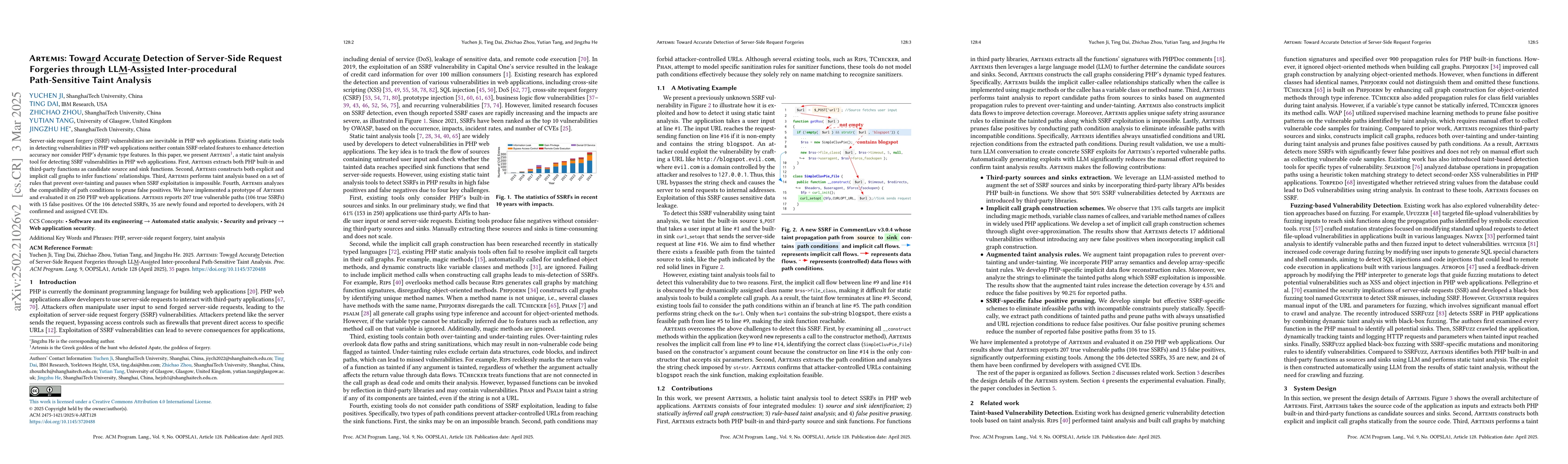 Thumbnail for Artemis: Toward Accurate Detection of Server-Side Request Forgeries
  through LLM-Assisted Inter-Procedural Path-Sensitive Taint Analysis