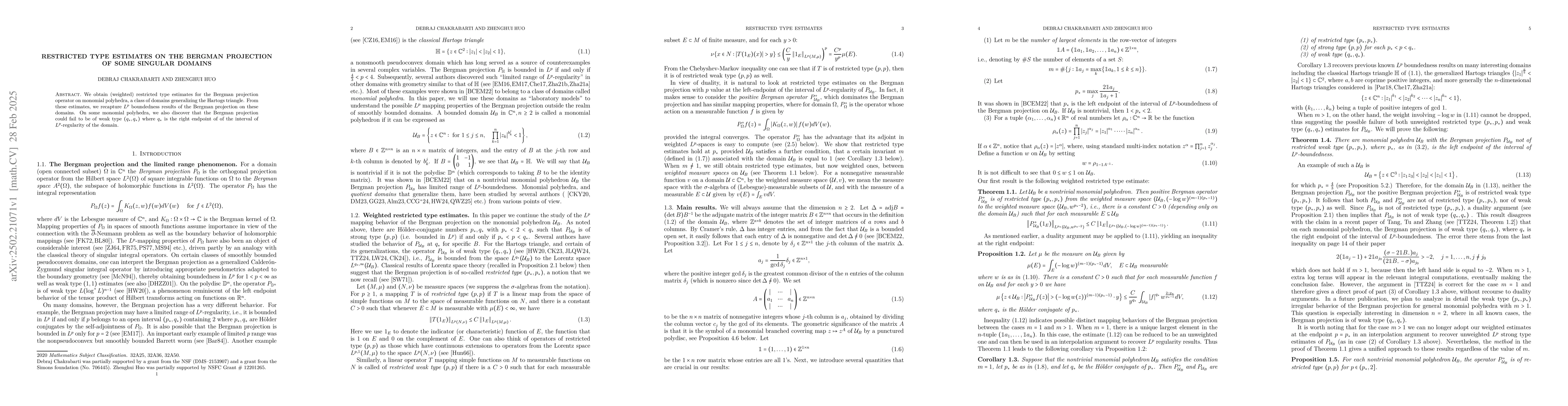 Thumbnail for Restricted type estimates on the Bergman projection of some singular
  domains