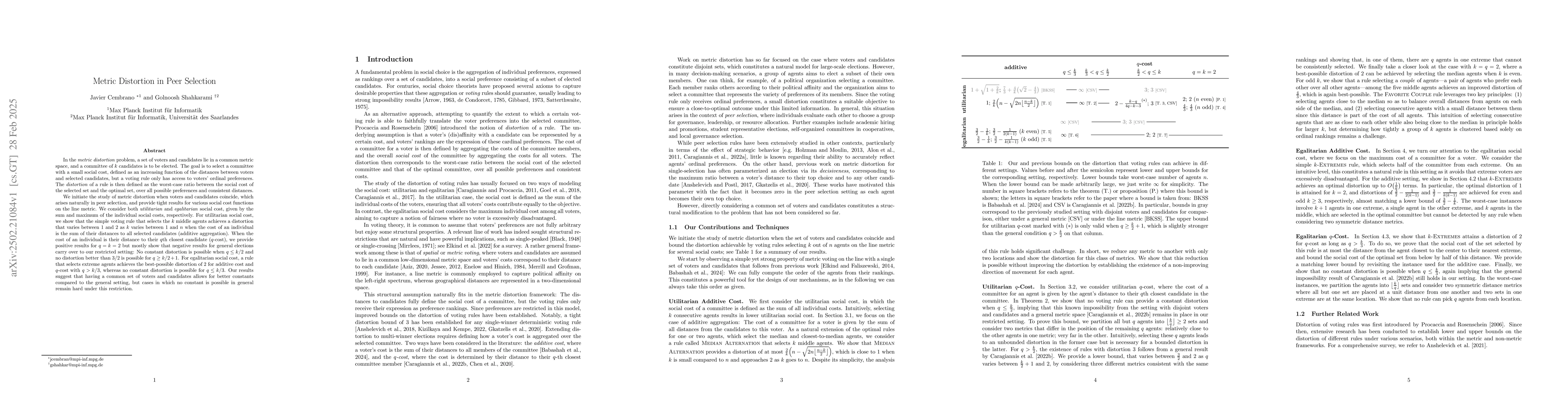 Thumbnail for Metric Distortion in Peer Selection