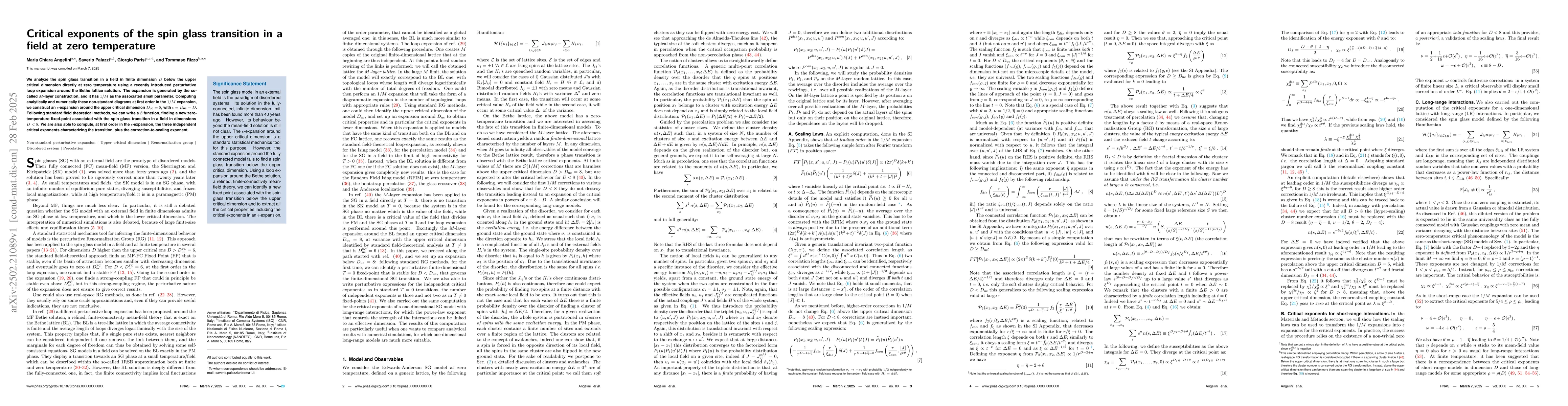 Thumbnail for Critical exponents of the spin glass transition in a field at zero
  temperature